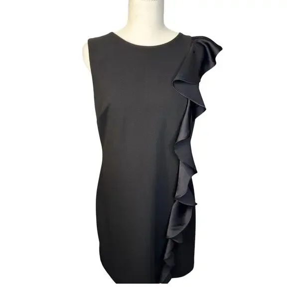 White House Black Market Black Ruffle Sheath Dress Medium Petite MP Cocktail LBD - Picture 10 of 16